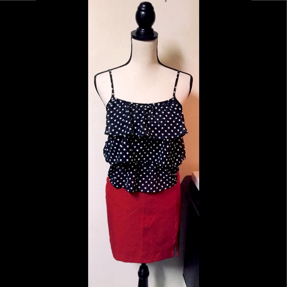 Outfit Set: B&W Polka Dotted Tank Top & Red Pencil Skirt:  Sz. S/ Sz. M